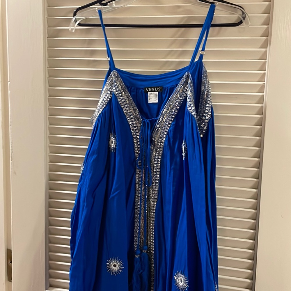 Royal blue, beaded detail spaghetti strap mini dress. Size L!